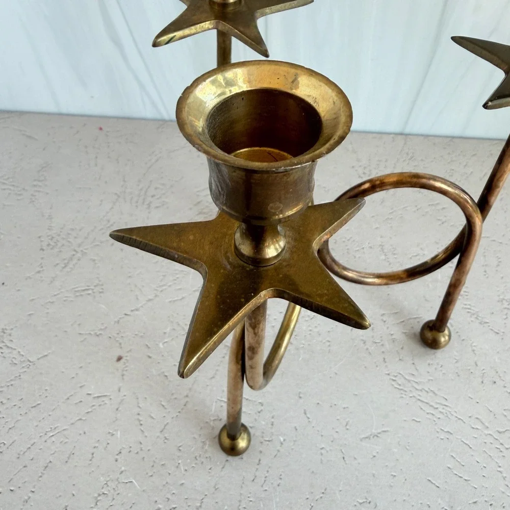 Vintage Brass Star Candelabra Pair Celestial 3-Light Taper Candle Holders Set 2